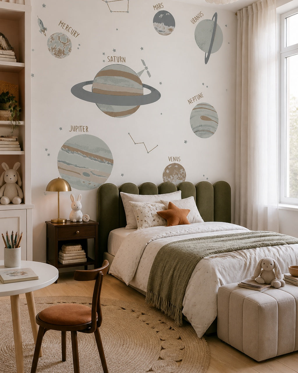 Solar system wallpaper in a girl’s bedroom.