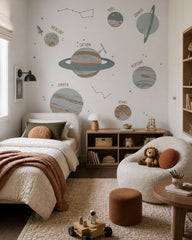Solar system wallpaper in a boy’s bedroom.