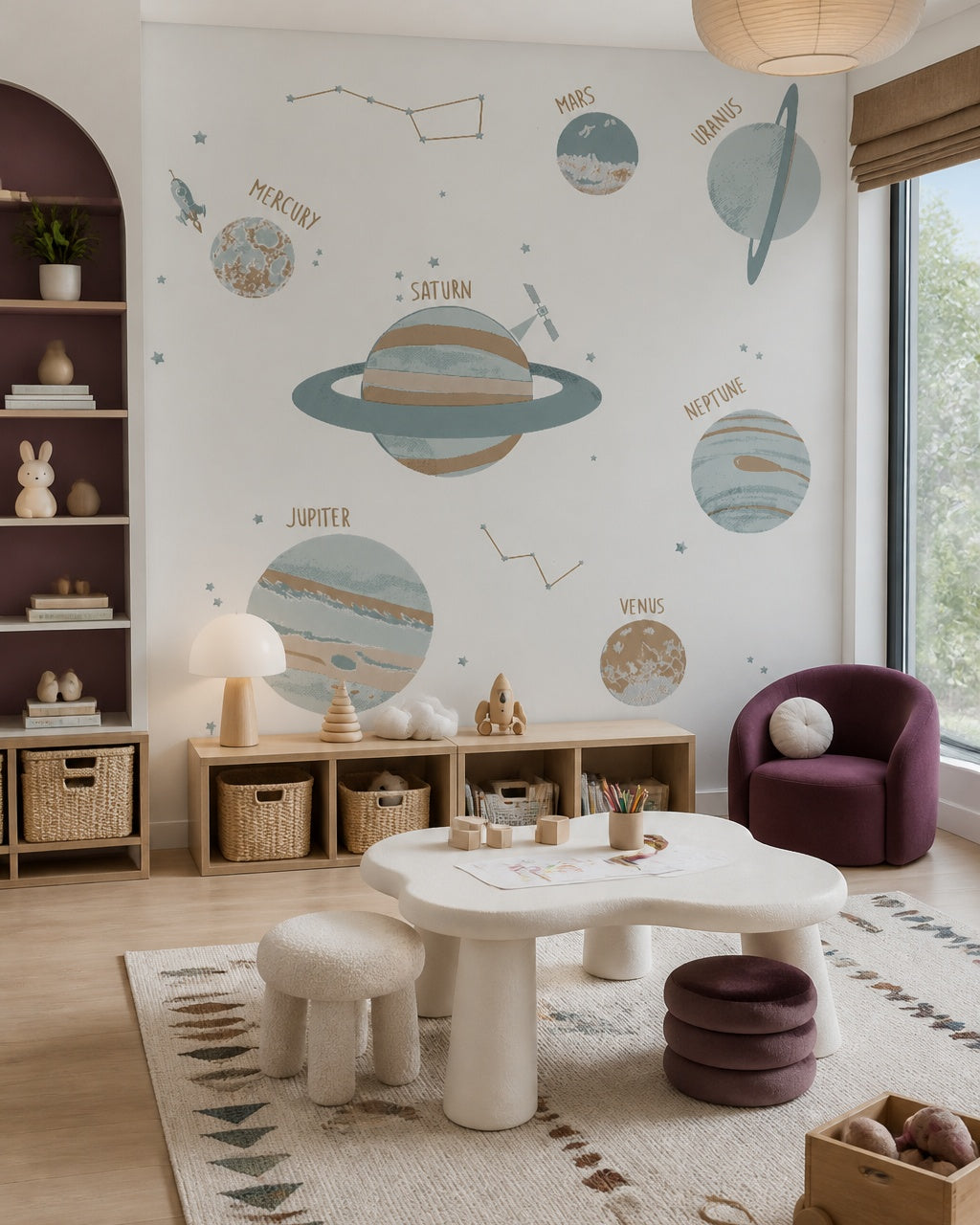 Solar system wallpaper in a children’s playroom.