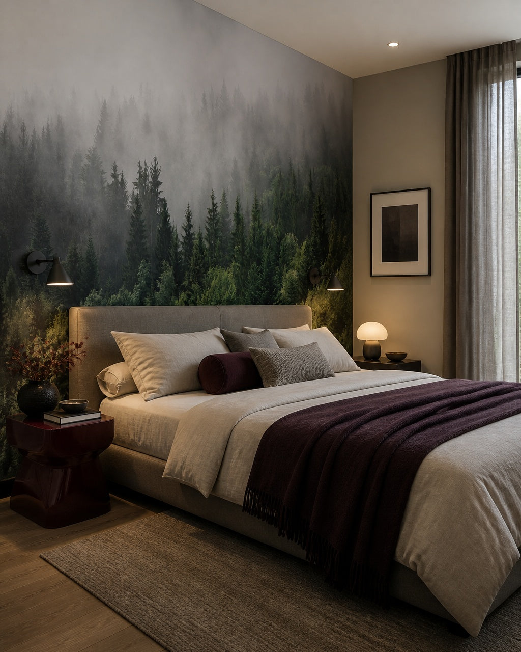 Foggy evergreen forest wallpaper in a designer bedroom.