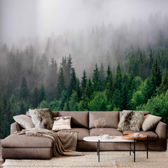 Custom Evergreen Forest Wall Mural Foggy Mountain Landscape Wallpaper