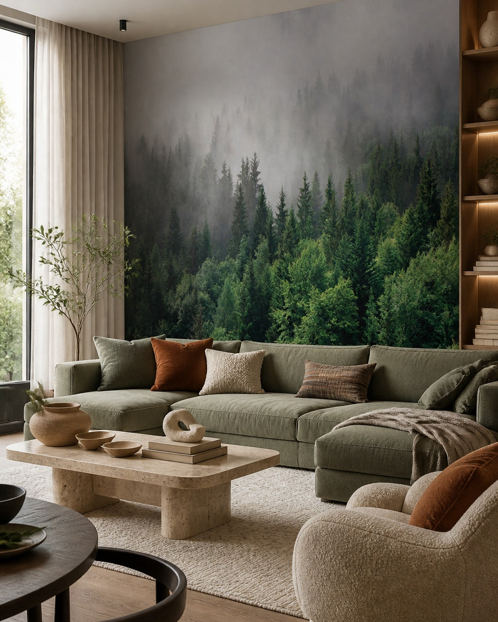 Foggy evergreen forest wallpaper in a designer living room.