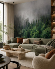 Foggy evergreen forest wallpaper in a designer living room.