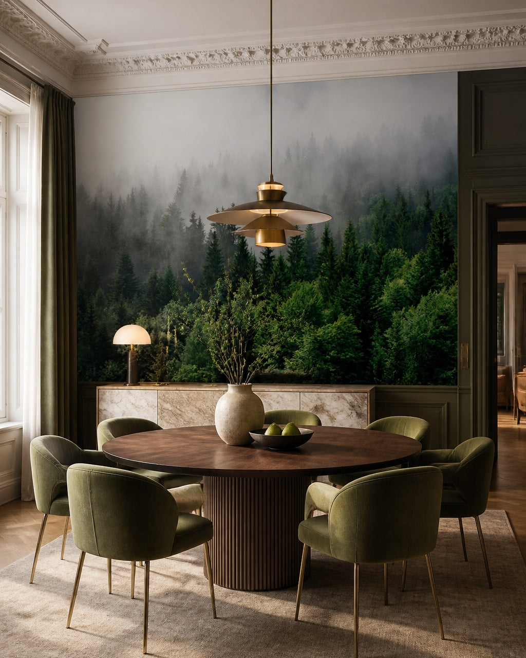 Foggy evergreen forest wallpaper in a refined dining area.