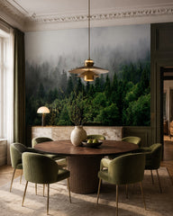 Foggy evergreen forest wallpaper in a refined dining area.