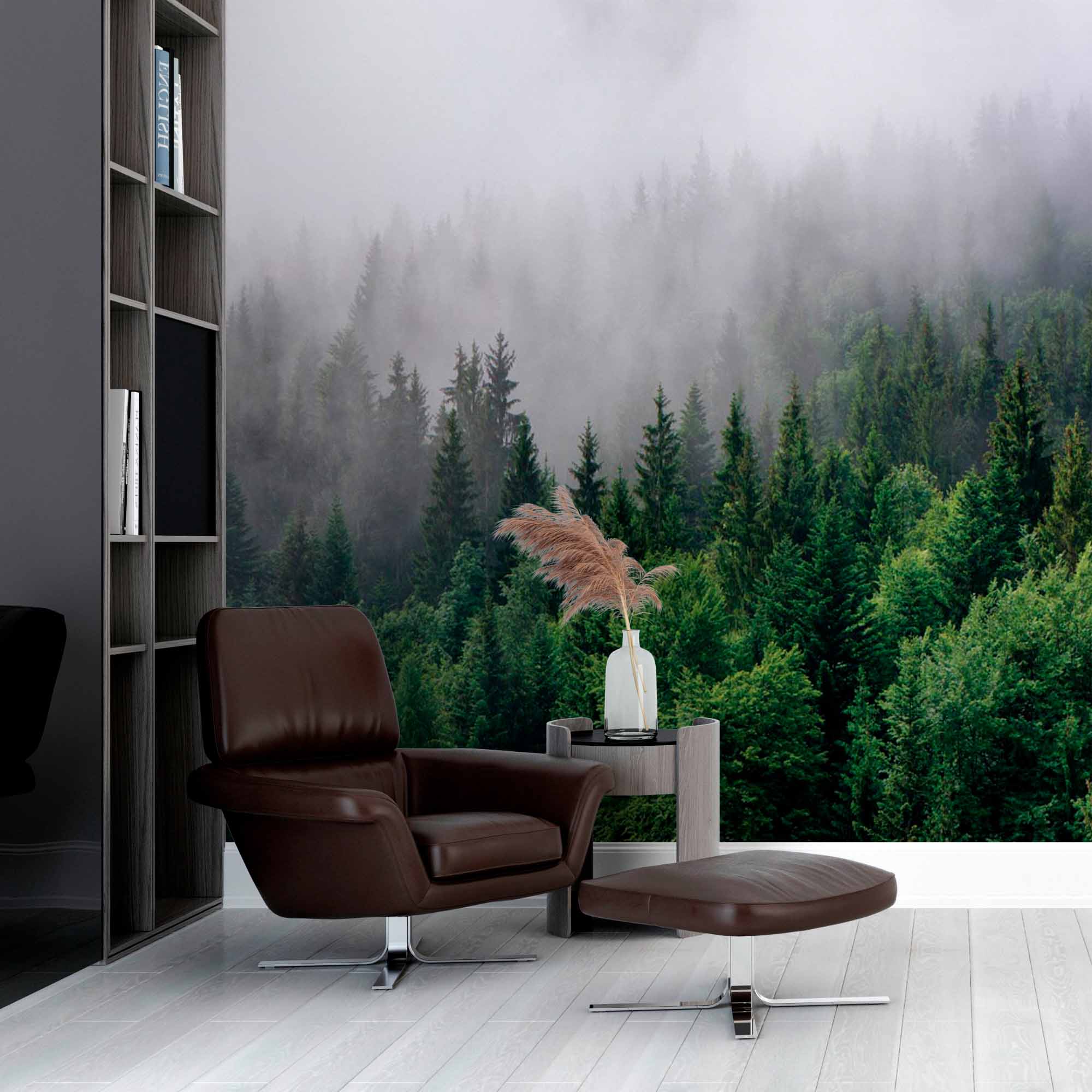 Evergreen Forest Wall Mural Foggy Mountain Landscape Wallpaper