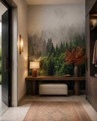 Foggy evergreen forest wallpaper in a designer entrance hall.