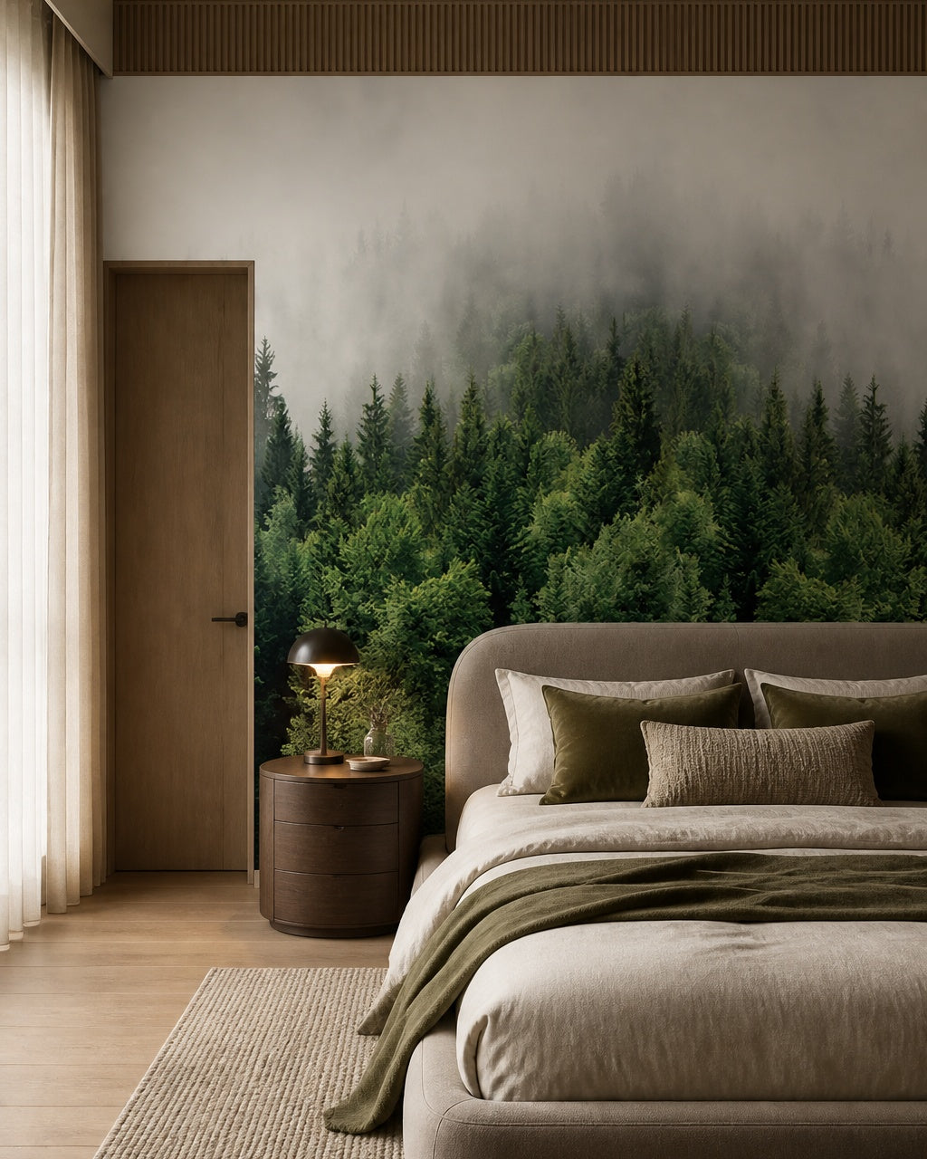 Misty pine forest wallpaper in a designer bedroom.