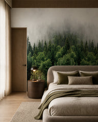 Misty pine forest wallpaper in a designer bedroom.