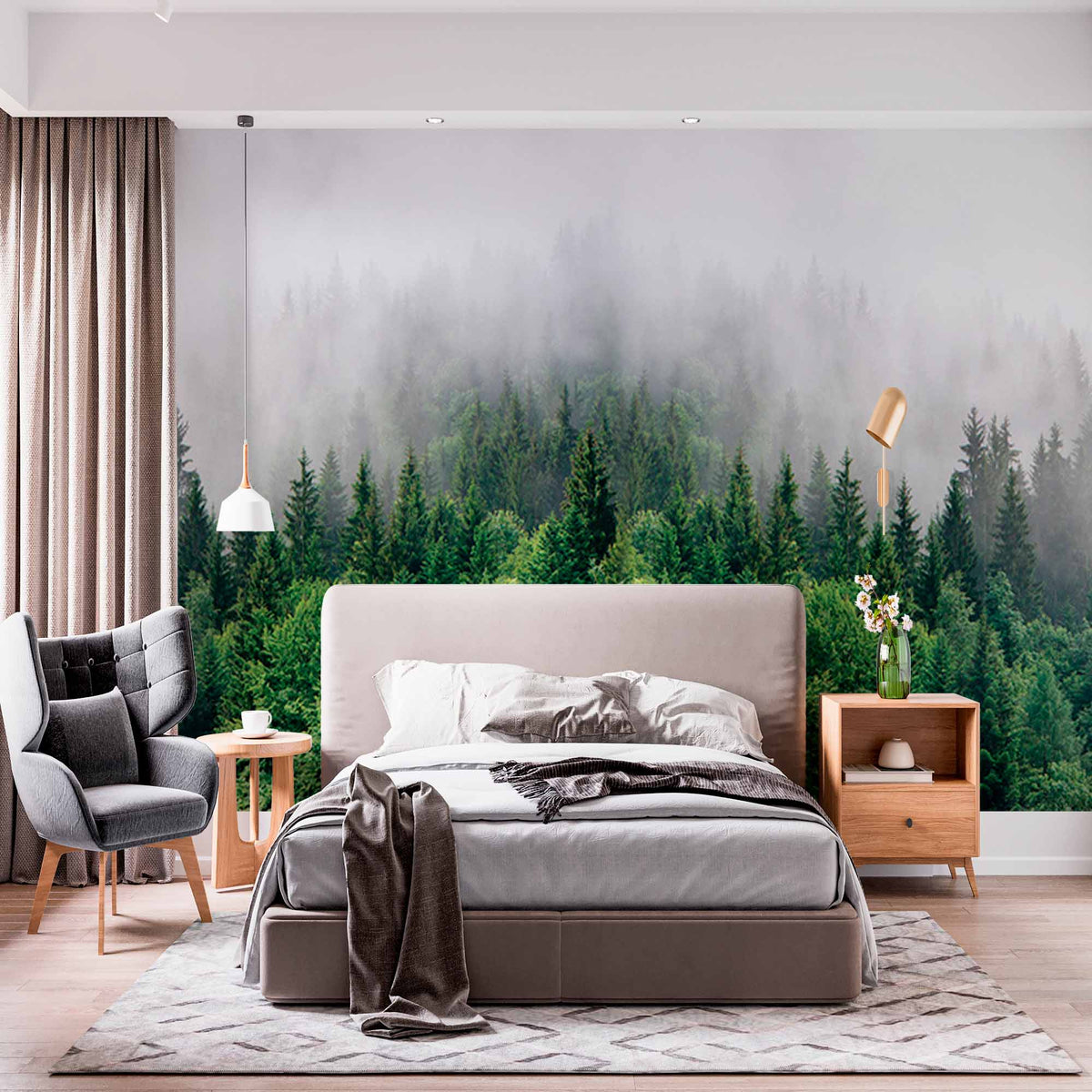 Foggy Evergreen Forest Wall Mural Treescape Wallpaper