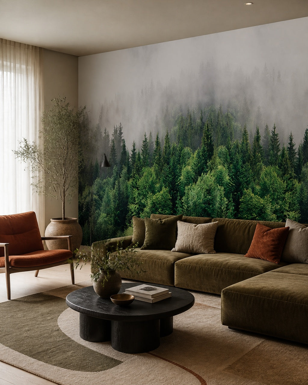 Misty pine forest wallpaper in a designer living room.