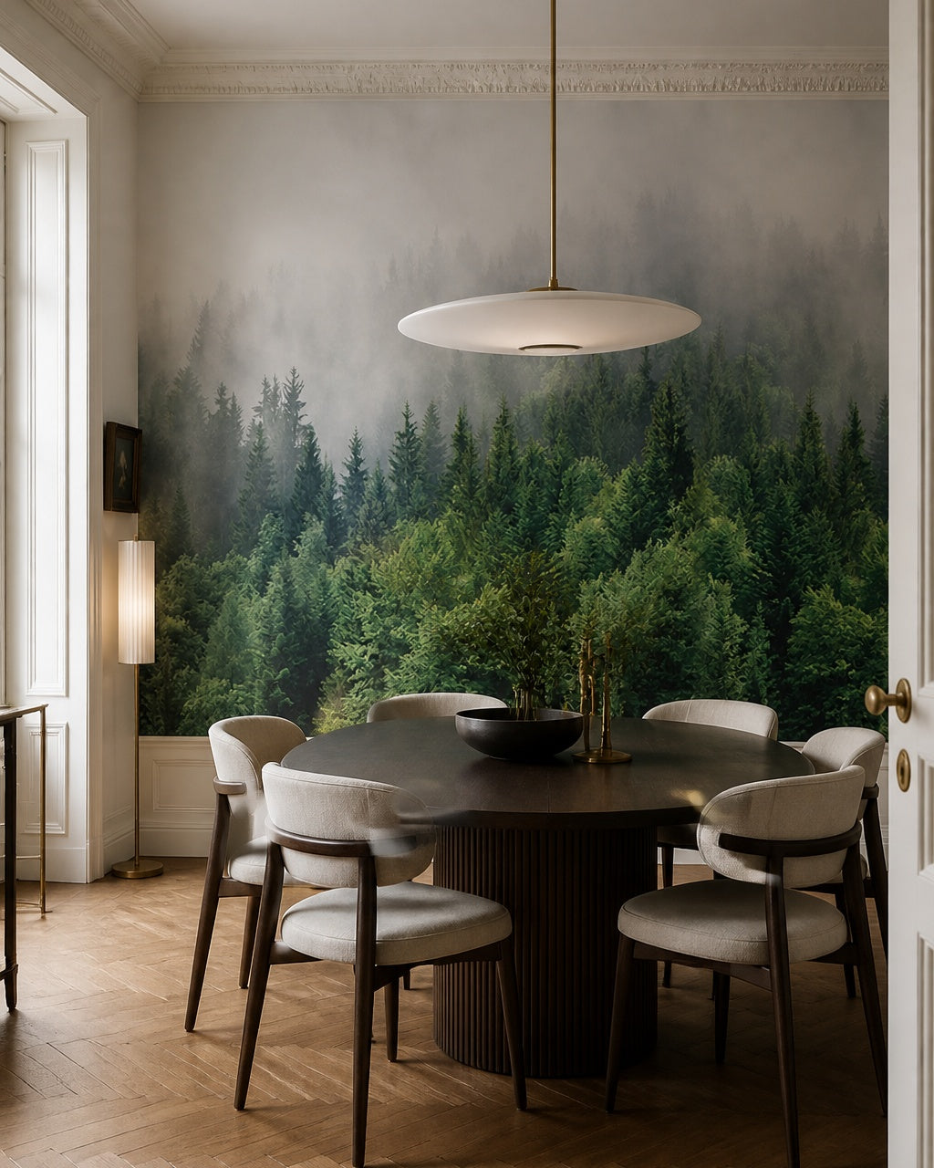 Misty pine forest wallpaper in a refined dining area.