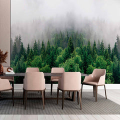 Custom Foggy Evergreen Forest Wall Mural Treescape Wallpaper