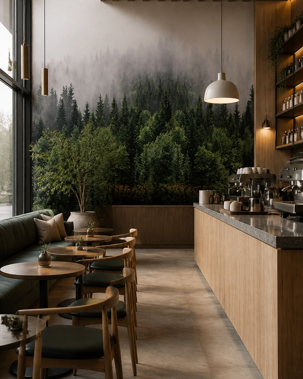 Misty pine forest wallpaper in a specialty coffee shop.