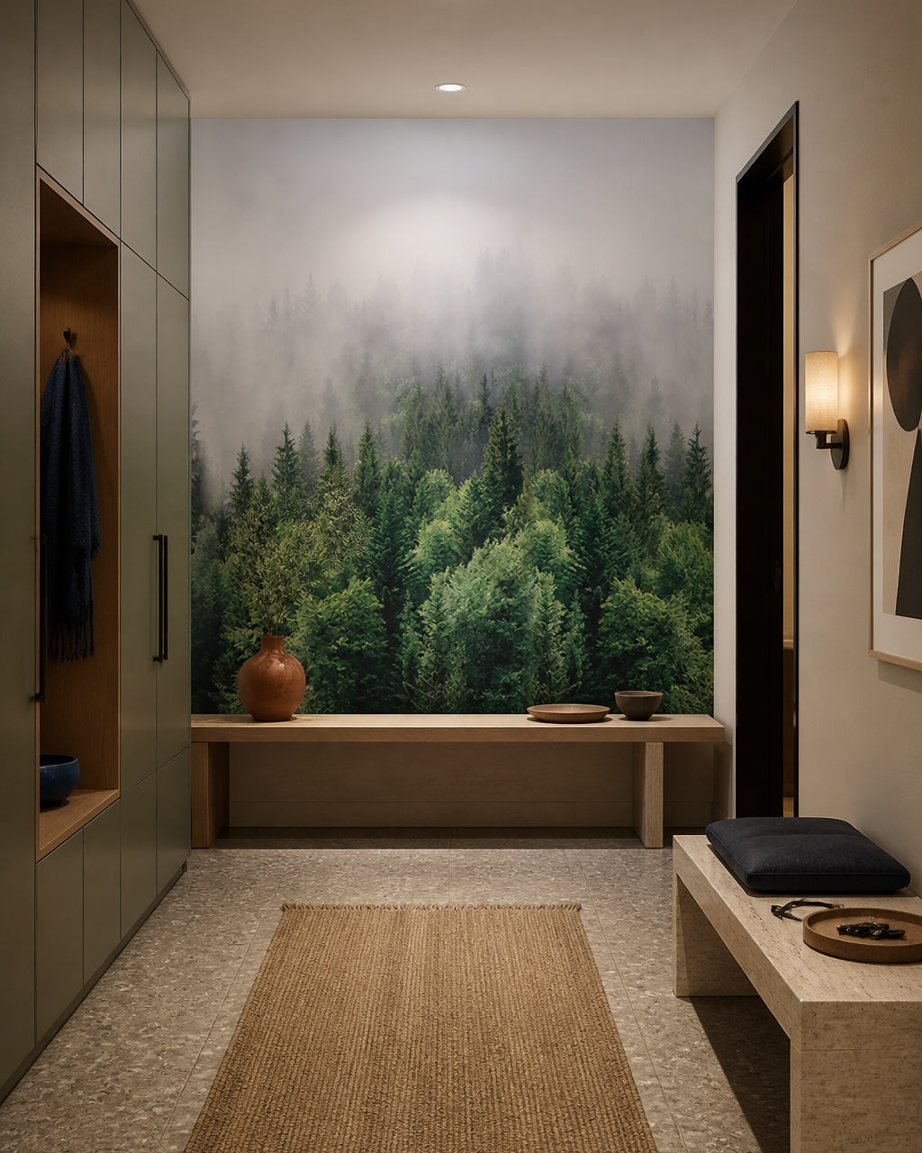 Misty pine forest wallpaper in an architectural hallway.