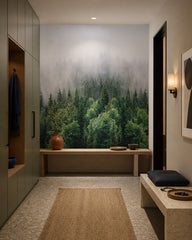 Misty pine forest wallpaper in an architectural hallway.
