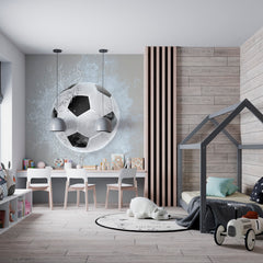 This dynamic wall mural features a classic black and white soccer ball frozen in a moment of action, surrounded by a dramatic splash of water and wisps of smoke. The ball is positioned centrally, creating a sense of focus and energy. The water droplets are captured in intricate detail, adding a sense of realism and movement. The smoke effect adds a touch of mystery and intensity to the scene.