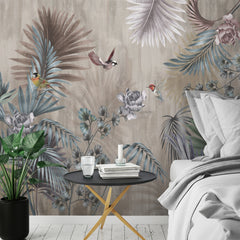 Custom Tropical Forest Fresco Wallpaper Palm and Birds Dark Botanical Wall Mural Decor