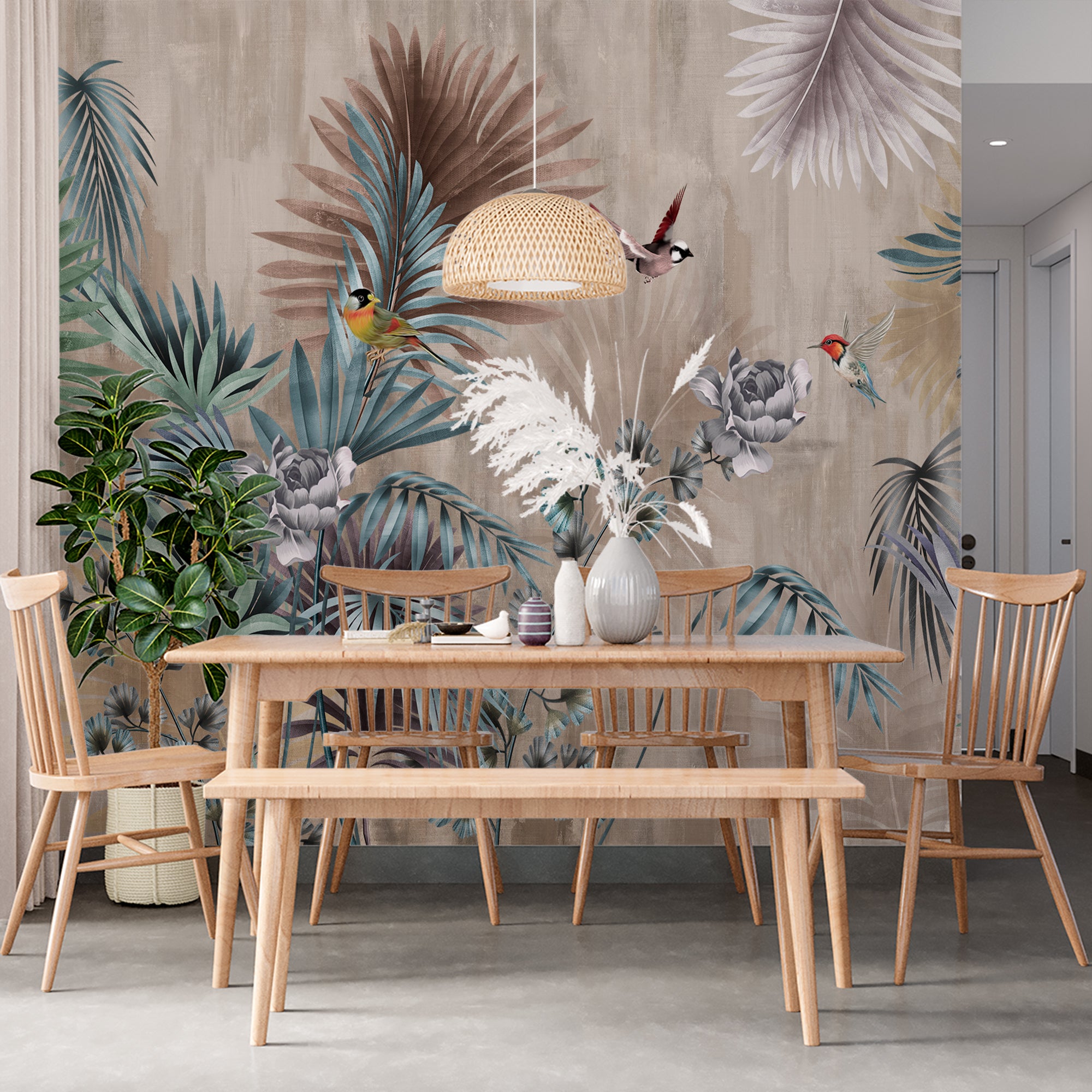 Tropical Forest Fresco Wallpaper Palm and Birds Dark Botanical Wall Mural Decor