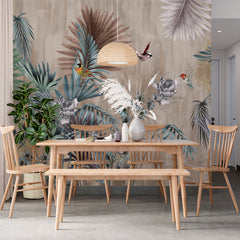 Custom Tropical Forest Fresco Wallpaper Palm and Birds Dark Botanical Wall Mural Decor