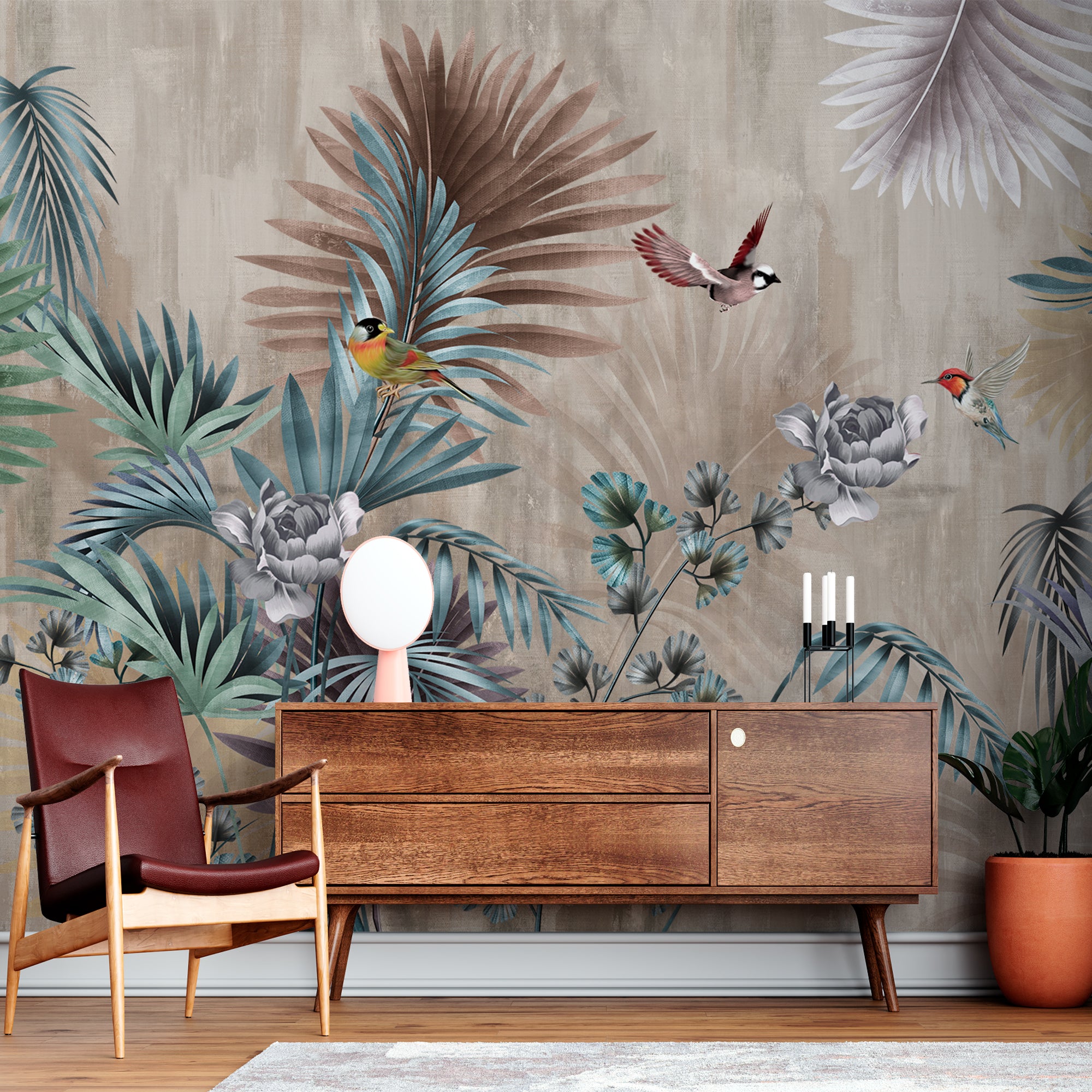 Tropical Forest Fresco Wallpaper Palm and Birds Dark Botanical Wall Mural Decor