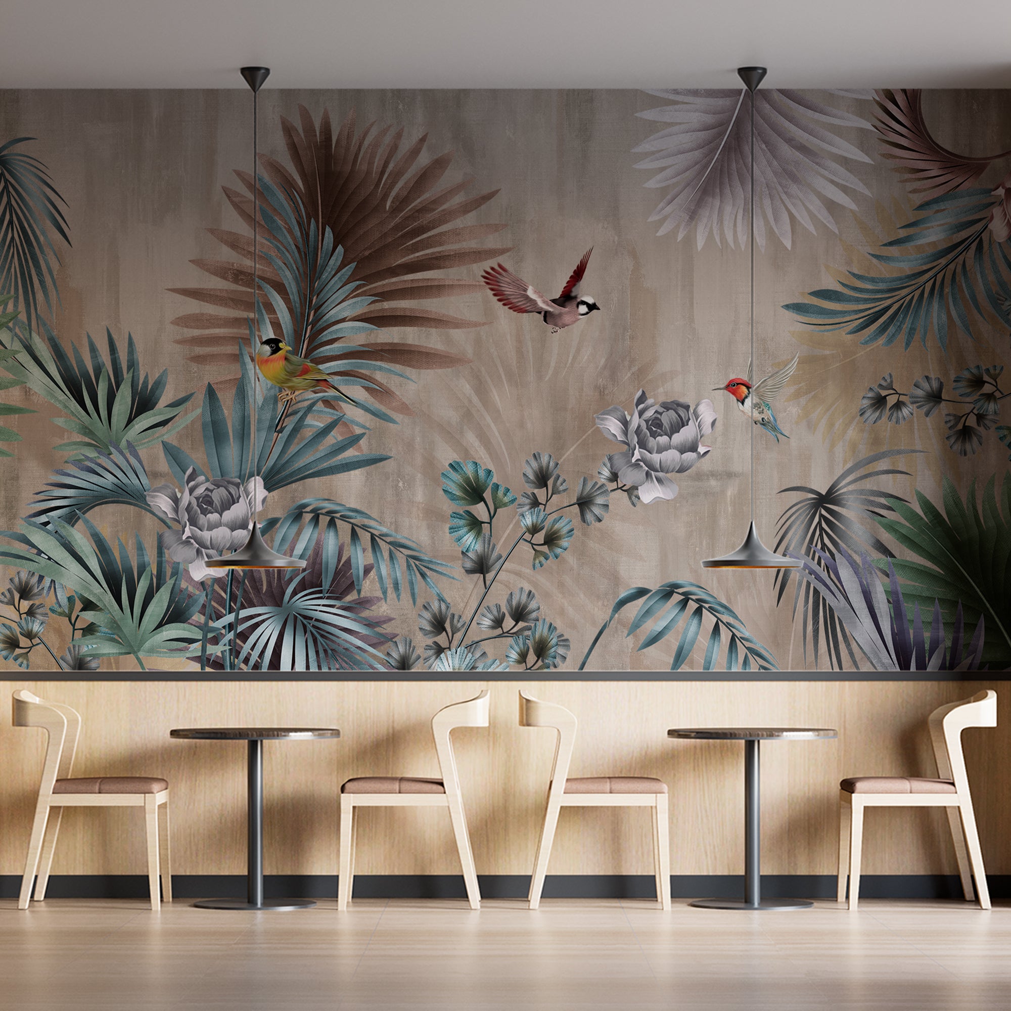 Tropical Forest Fresco Wallpaper Palm and Birds Dark Botanical Wall Mural Decor