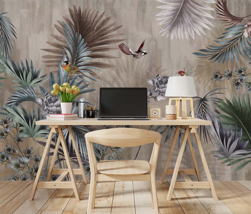 Tropical Forest Fresco Wallpaper Palm and Birds Dark Botanical Wall Mural Decor