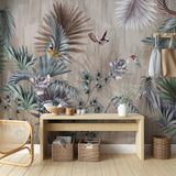 Tropical Forest Fresco Wallpaper Palm and Birds Dark Botanical Wall Mural Decor