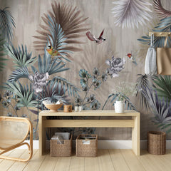 Custom Tropical Forest Fresco Wallpaper Palm and Birds Dark Botanical Wall Mural Decor