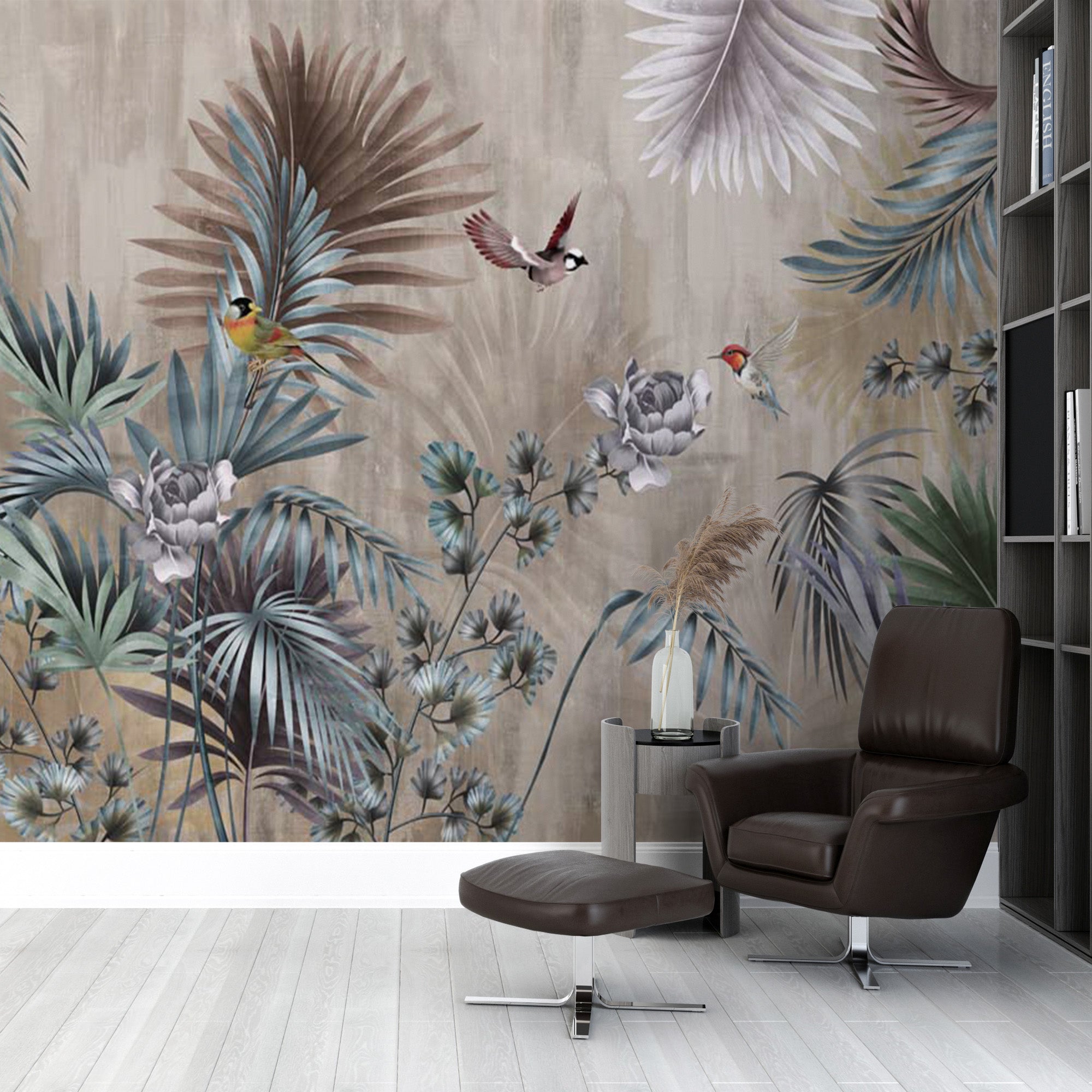 Tropical Forest Fresco Wallpaper Palm and Birds Dark Botanical Wall Mural Decor