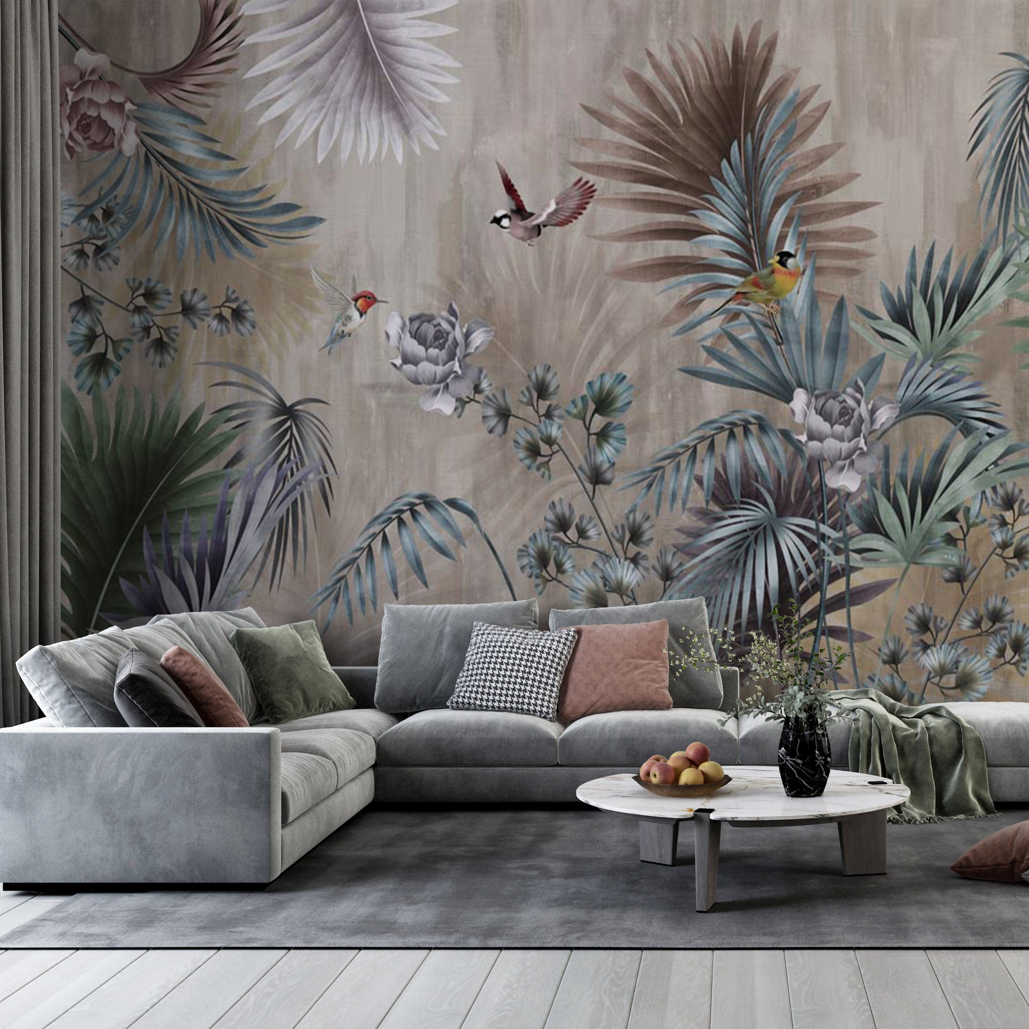 Tropical Forest Fresco Wallpaper Palm and Birds Dark Botanical Wall Mural Decor