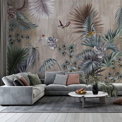 Custom Tropical Forest Fresco Wallpaper Palm and Birds Dark Botanical Wall Mural Decor