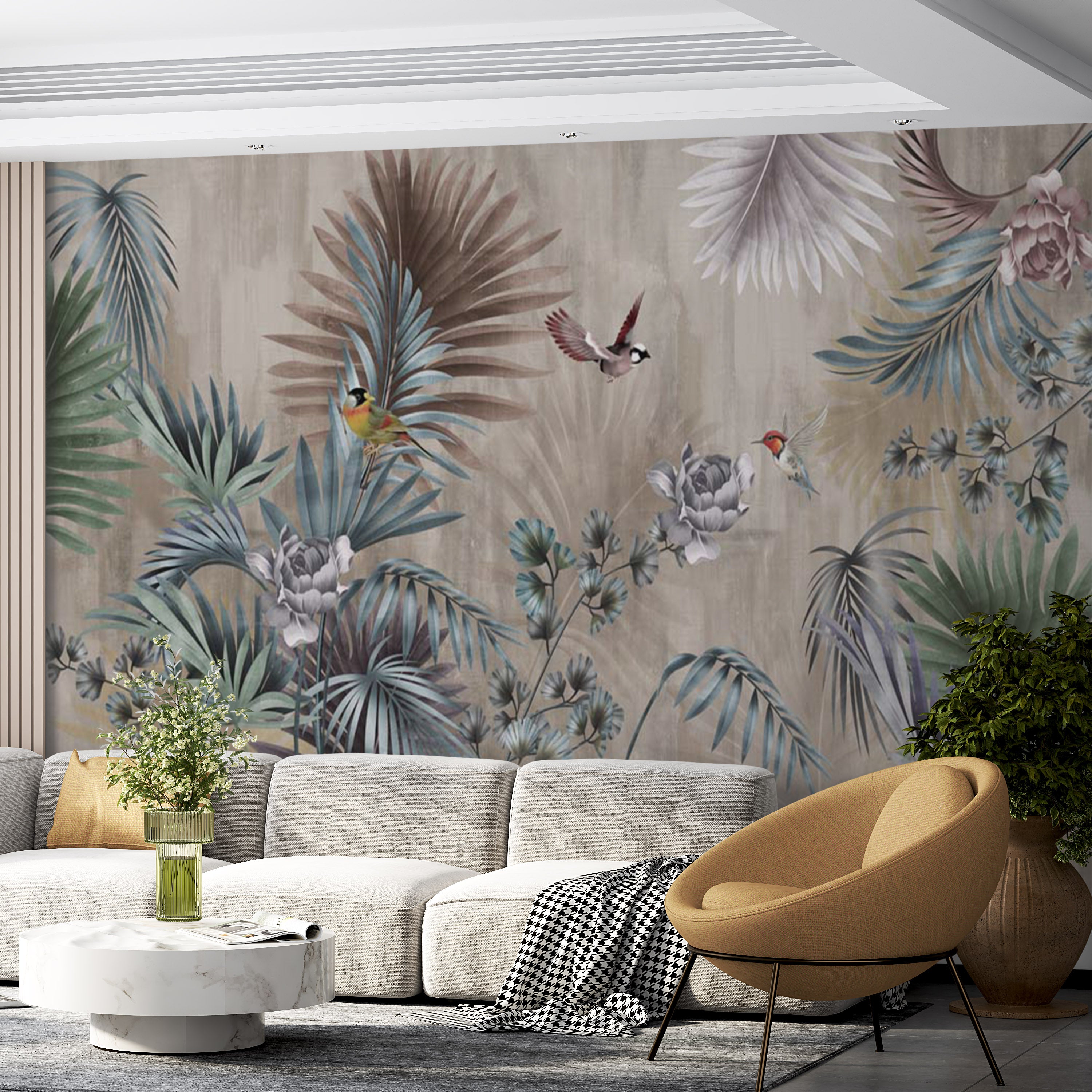 Tropical Forest Fresco Wallpaper Palm and Birds Dark Botanical Wall Mural Decor