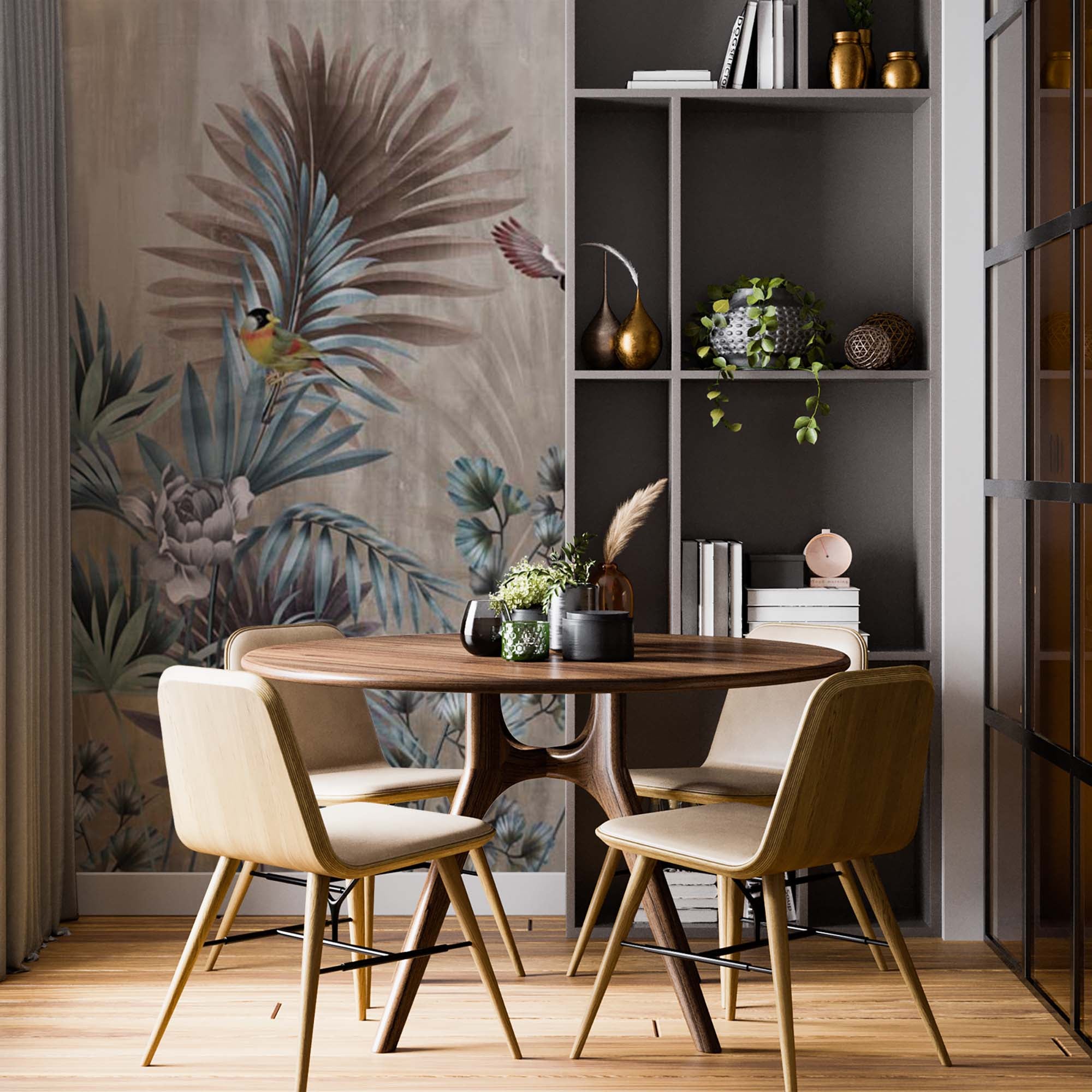 Tropical Forest Fresco Wallpaper Palm and Birds Dark Botanical Wall Mural Decor