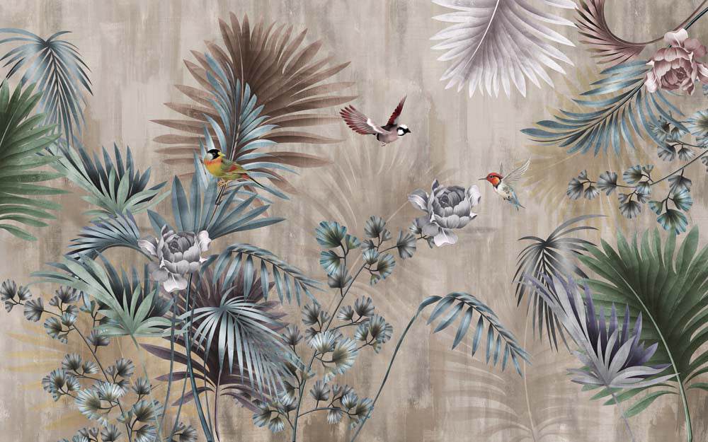 Tropical Forest Fresco Wallpaper Palm and Birds Dark Botanical Wall Mural Decor