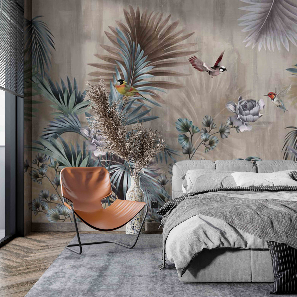 Tropical Forest Fresco Wallpaper Palm and Birds Dark Botanical Wall Mural Decor