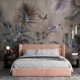 Tropical Forest Fresco Wallpaper Palm and Birds Dark Botanical Wall Mural Decor