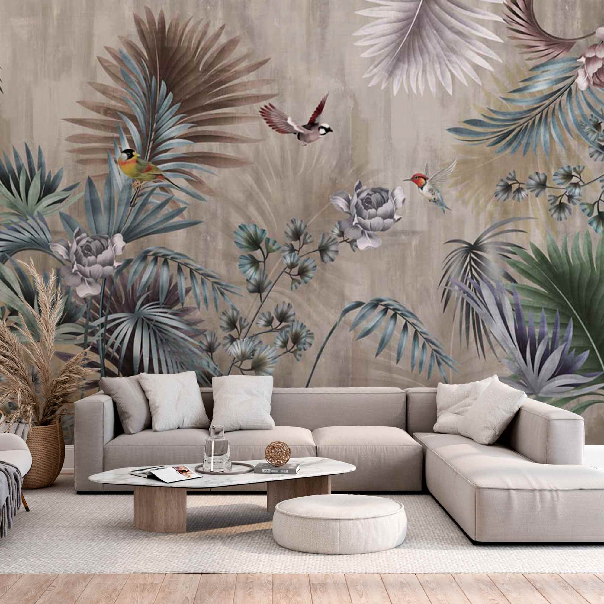 Tropical Forest Fresco Wallpaper Palm and Birds Dark Botanical Wall Mural Decor