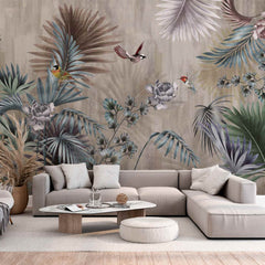 Custom Tropical Forest Fresco Wallpaper Palm and Birds Dark Botanical Wall Mural Decor