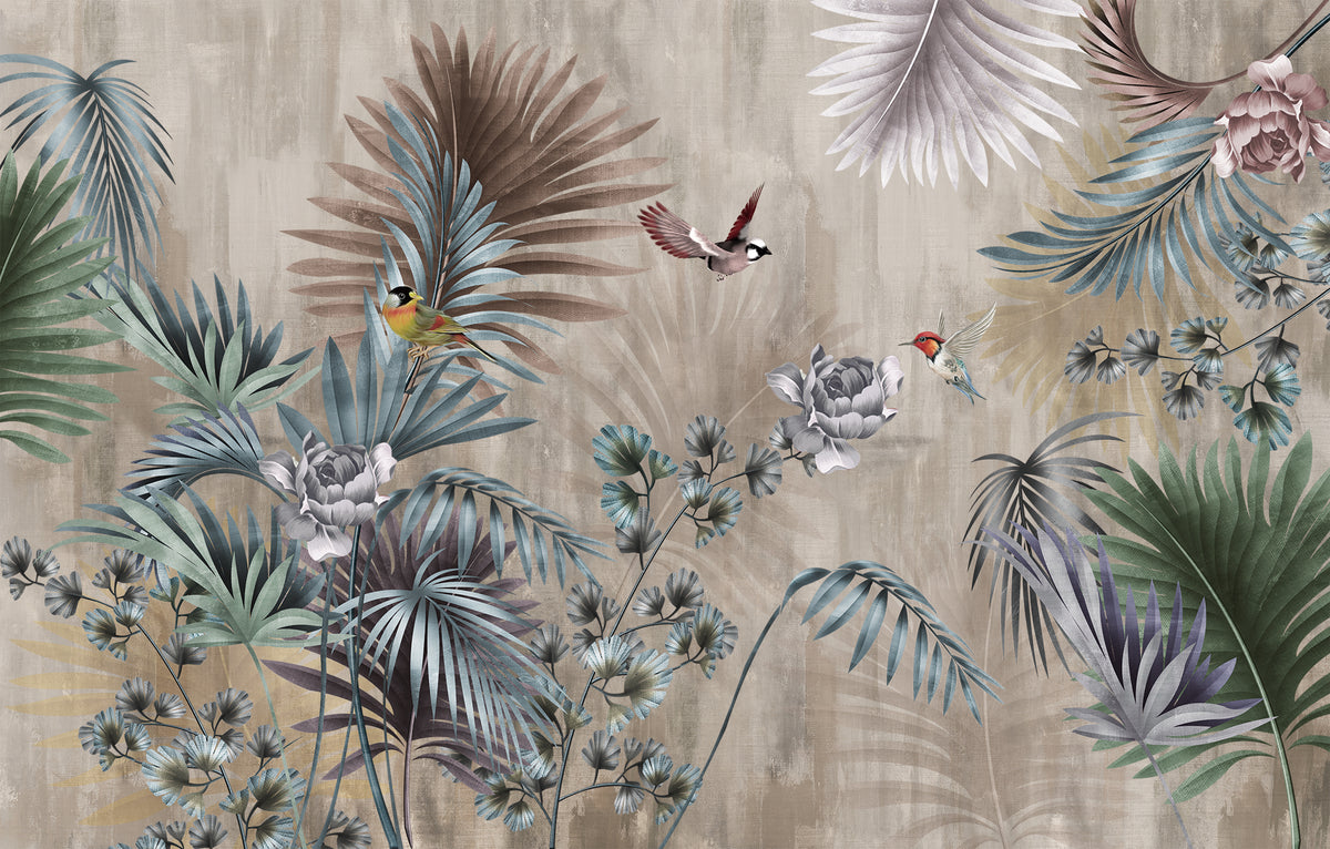 Fototapete Tropisches Fresko – Botanisch mit Palmblättern, Rosen und Vögeln
