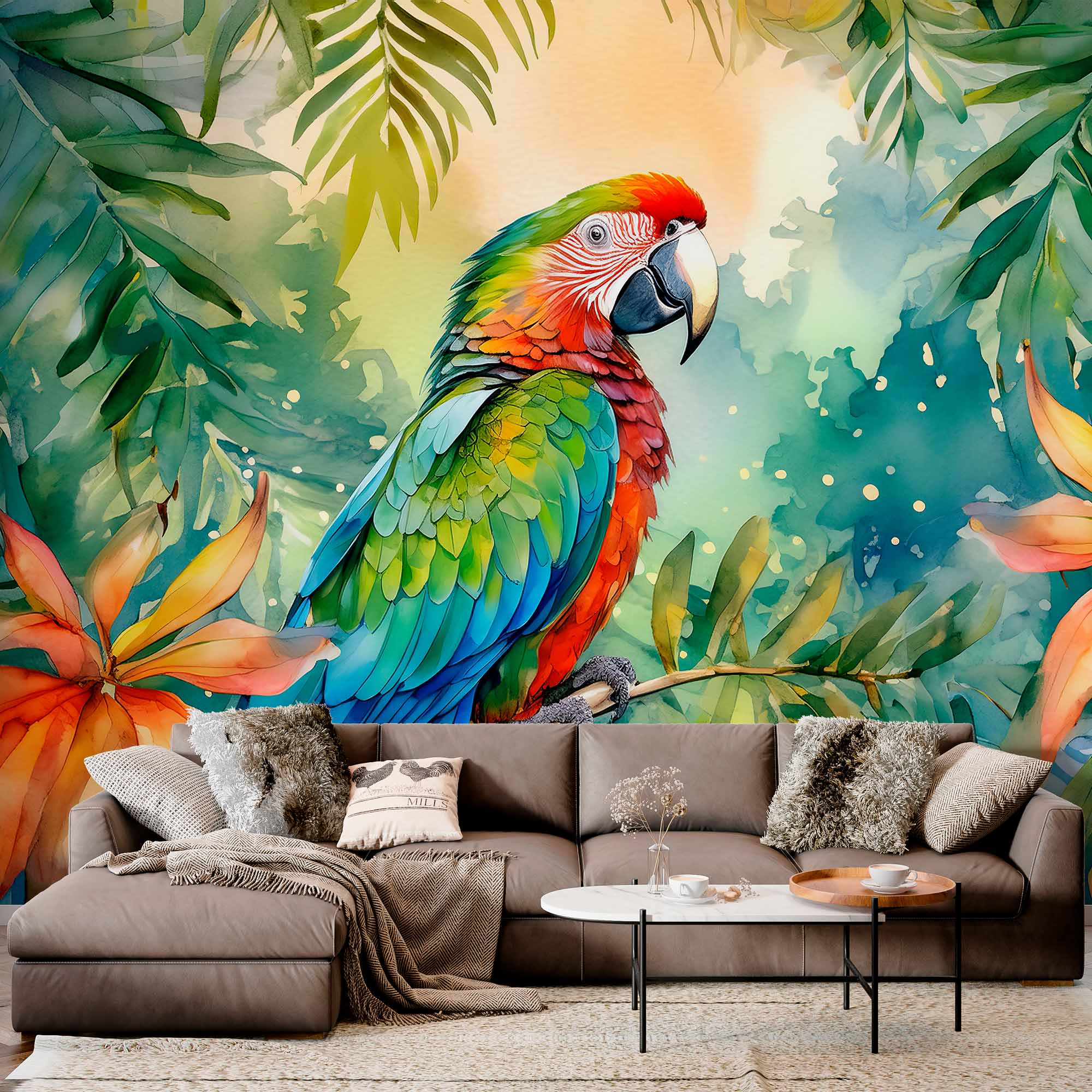 Exotic Parrot in Lush Foliage Wallpaper