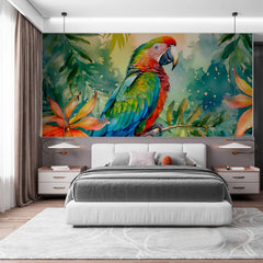 Custom Exotic Parrot in Lush Foliage Wallpaper