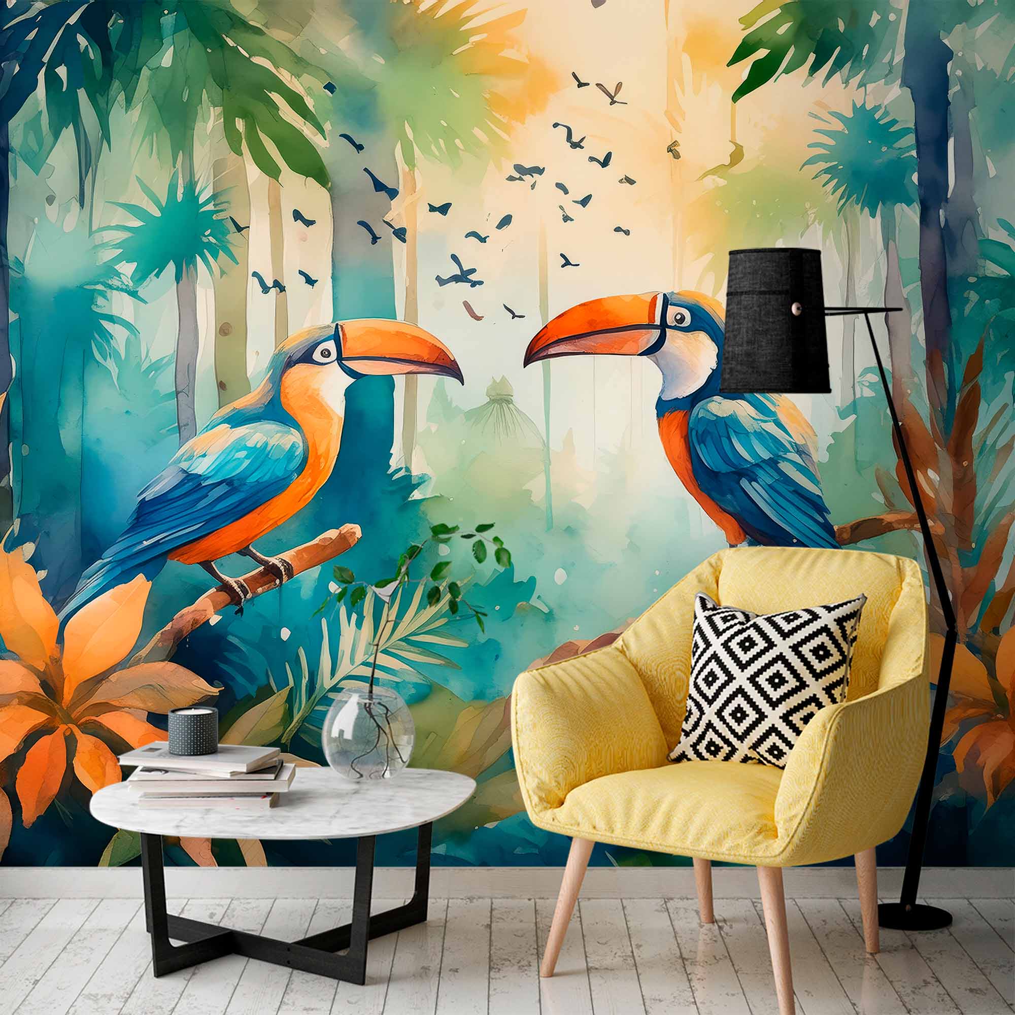 Colorful Toucan Pair in Rainforest Wallpaper