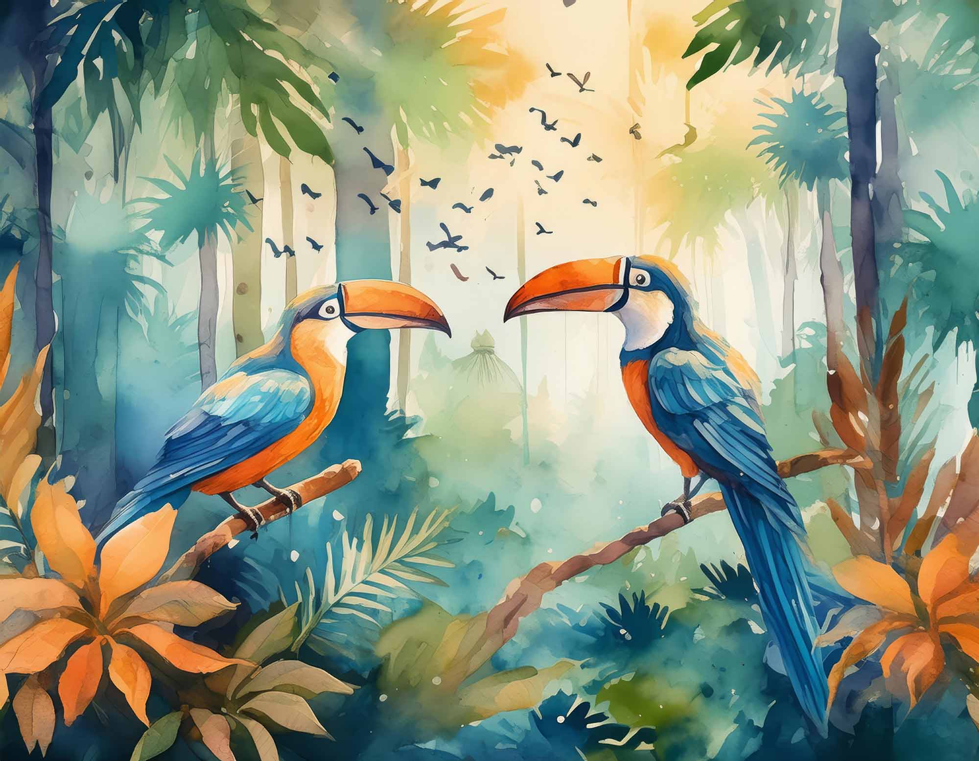 Colorful Toucan Pair in Rainforest Wallpaper