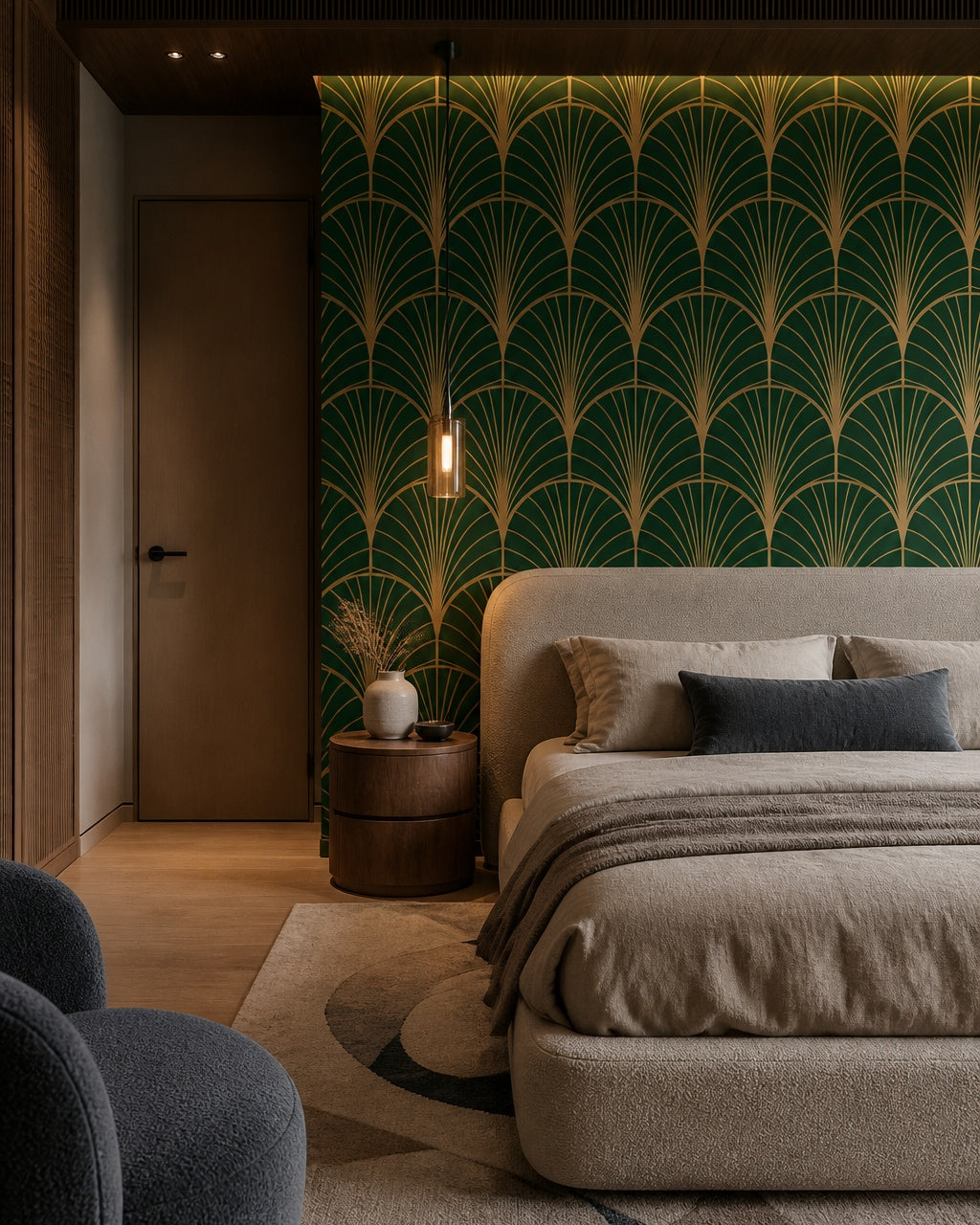 Art Deco fan wallpaper in a designer bedroom.