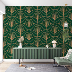 Custom Art Deco Fan Pattern Wallpaper in Green and Gold