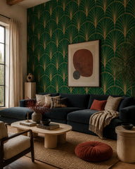 Art Deco fan wallpaper in a designer living room.