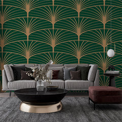 Custom Art Deco Fan Pattern Wallpaper in Green and Gold