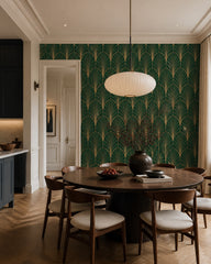 Art Deco fan wallpaper in a refined dining area.