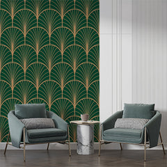 Custom Art Deco Fan Pattern Wallpaper in Green and Gold